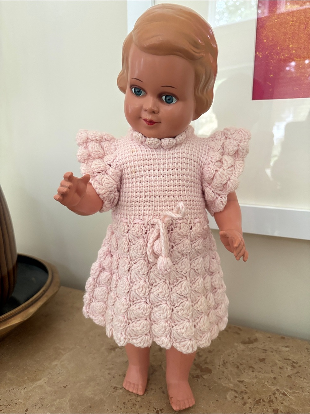 German vintage Schildkröt Doll 50s with baby voice, hand crocheted dress